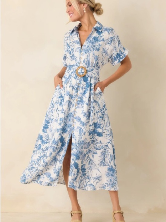 Dress Forum Dresses & Skirts - SPRINGTIME SPLENDOR WHITE & BLUE FLORAL BELTED MIDI DRESS Dress Forum Los An